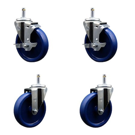 Service Caster 5'' Solid Poly Wheel Swivel 7/16'' Grip Ring Stem Caster Set 2 Brakes, 4PK SCC-GR20S514-SPUS-TLB-716138-2-S-2